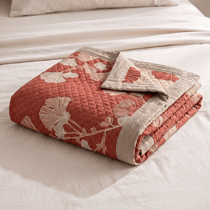 Ownkoti Red Ginkgo Leaf Pattern Cotton Blanket - Terracotta Red - 98" x 94" - Blanket - image 0