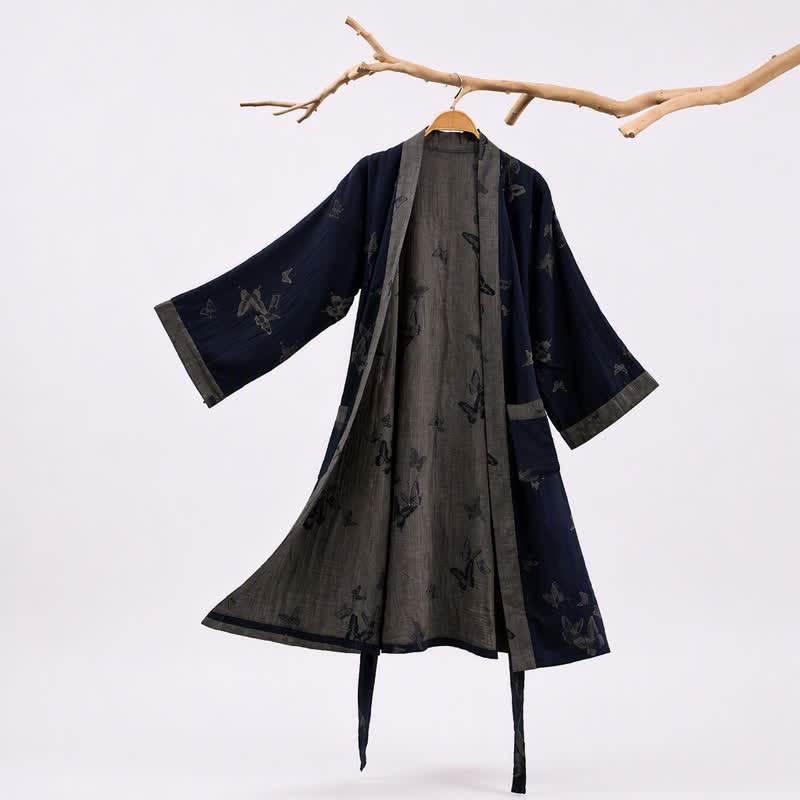 Ownkoti Navy Butterfly Cotton Double Gauze Kimono Robe - Navy - 2XL - image 0