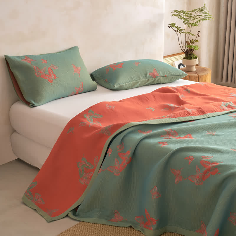 Ownkoti Elegant Butterfly Print Cotton Quilt - Green & Burnt Orange - Quilt with 2PCS Pillowcases - Cal King - image 7