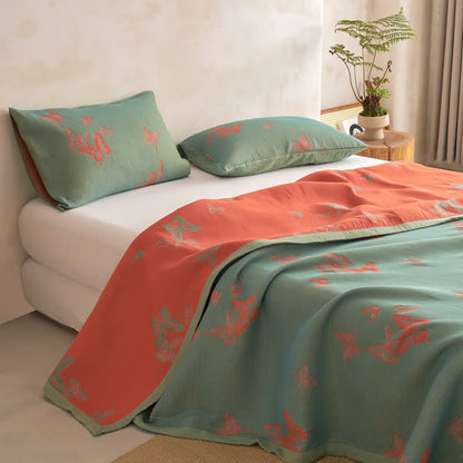 Ownkoti Elegant Butterfly Print Cotton Quilt - Green & Burnt Orange - Quilt with 2PCS Pillowcases - Cal King - image 7