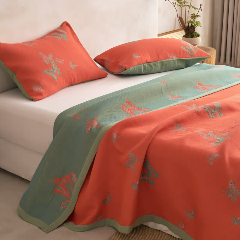 Ownkoti Elegant Butterfly Print Cotton Quilt - Light Orange & Green - Quilt with 2PCS Pillowcases - Cal King - image 14