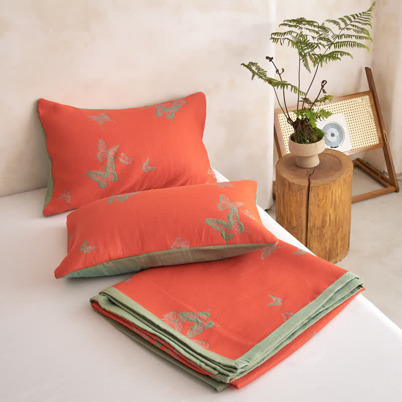 Ownkoti Elegant Butterfly Print Cotton Quilt - Light Orange & Green - 2PCS Pillowcases - 20" x 36" - image 17