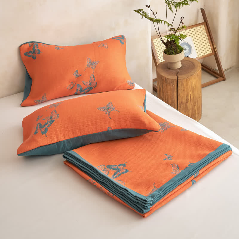 Ownkoti Elegant Butterfly Print Cotton Quilt - Orange & Deep Teal - 2PCS Pillowcases - 20" x 36" - image 24