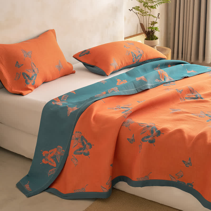 Ownkoti Elegant Butterfly Print Cotton Quilt - Orange & Deep Teal - Quilt with 2PCS Pillowcases - Cal King - image 21