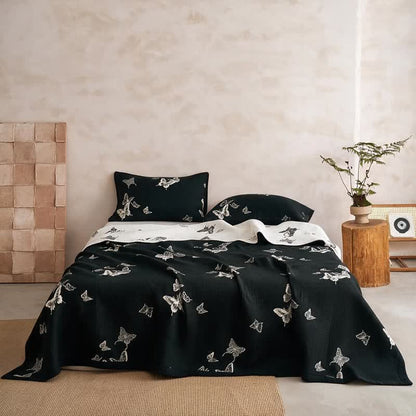 Ownkoti Monochrome Butterfly Cotton Gauze Quilts - Black - Quilt with 2PCS Pillowcases - Cal King - image 2