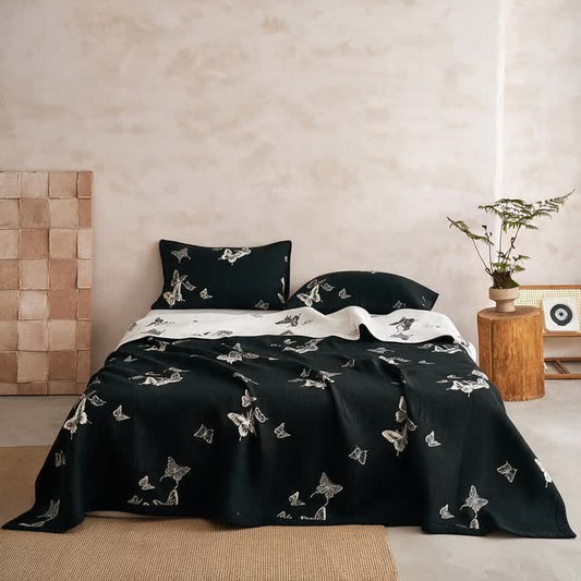 Ownkoti Monochrome Butterfly Cotton Gauze Quilts - Black - Quilt with 2PCS Pillowcases - Cal King - image 2