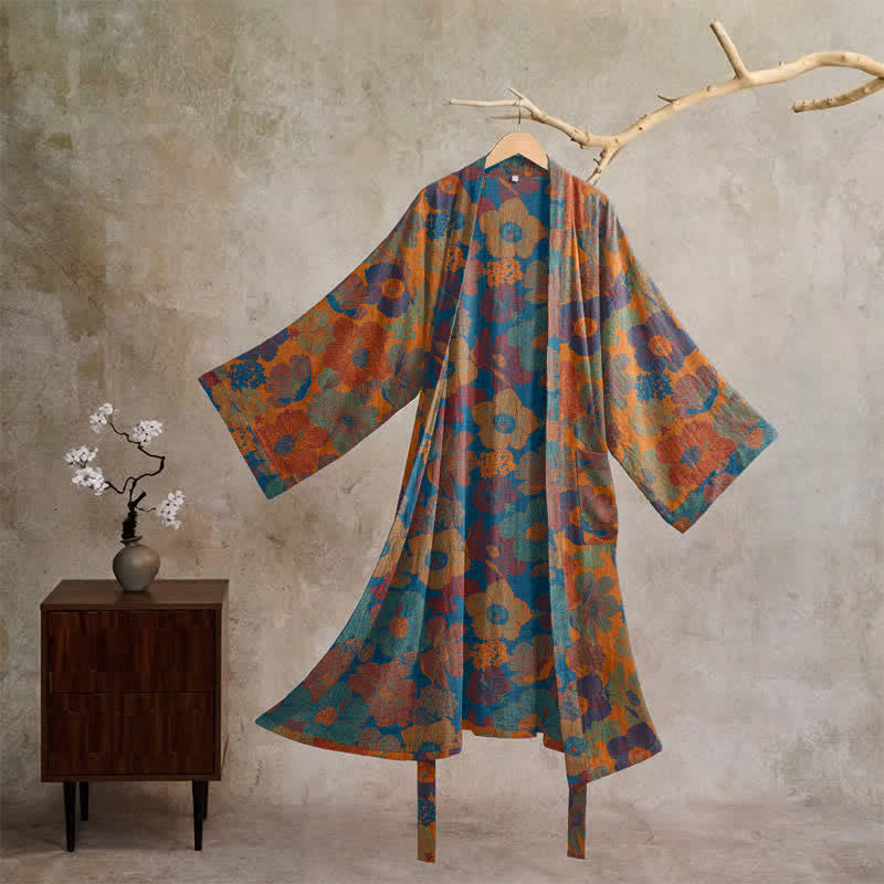 Ownkoti Vintage Flower Cotton Kimono Robe - Orange - XL - image 0