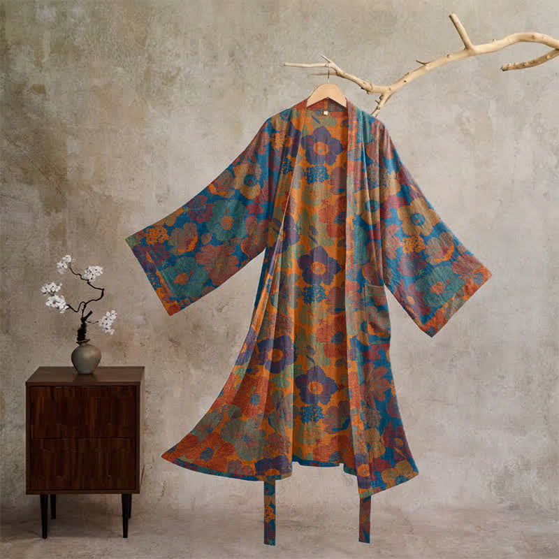 Ownkoti Vintage Flower Cotton Kimono Robe - Blue - XL - image 5