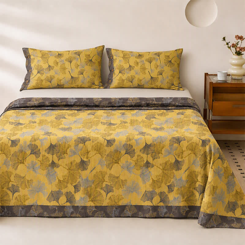 Ownkoti Golden Ginkgo Leaf Cotton Bedding Set - Yellow - Bedspread with 2PCS Pillowcases - King - image 1
