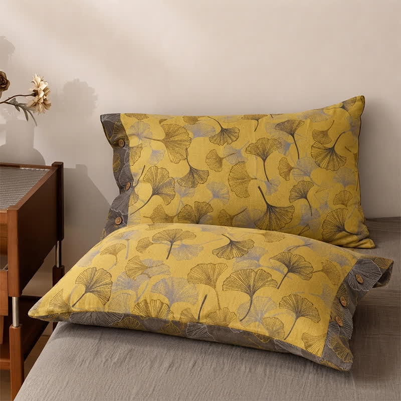 Ownkoti Golden Ginkgo Leaf Cotton Bedding Set - Yellow - 2PCS Pillowcases - 40" x 20" - image 3