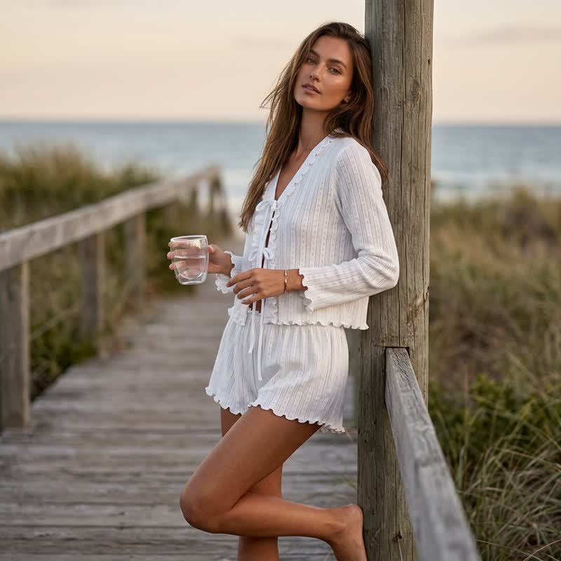 Ownkoti White Ruffle Cotton Loungewear Set - image 3