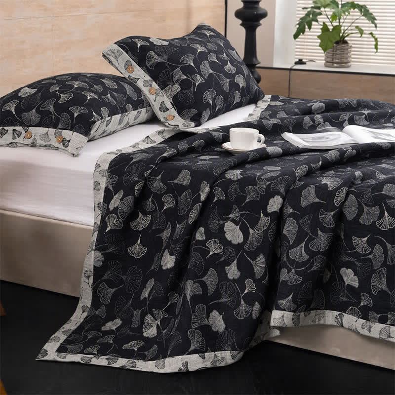 Ownkoti Vintage Black Ginkgo Leaf Reversible Cotton Bedding Set - Black - Bedspread with 2PCS Pillowcases - King - image 1