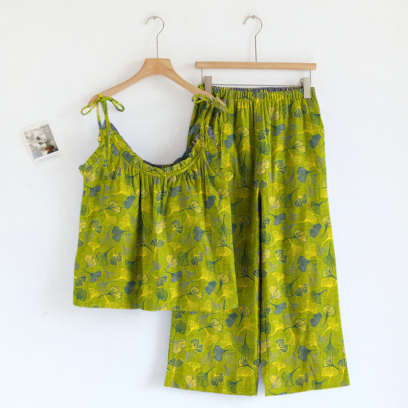 Ownkoti Retro Botanical Ginkgo Leaf Cotton Cami Loungewear Set - Green - XL - image 0