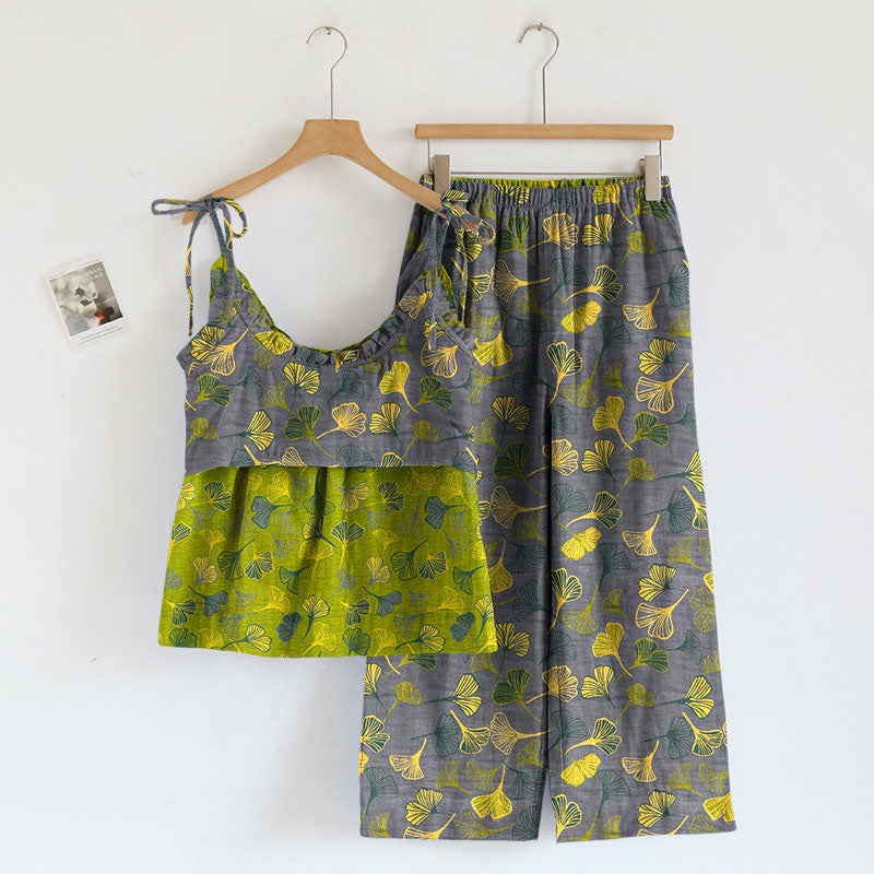 Ownkoti Retro Botanical Ginkgo Leaf Cotton Cami Loungewear Set - image 5