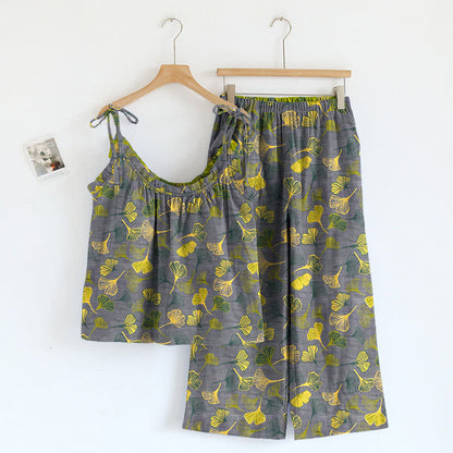 Ownkoti Retro Botanical Ginkgo Leaf Cotton Cami Loungewear Set - Gray - XL - image 4