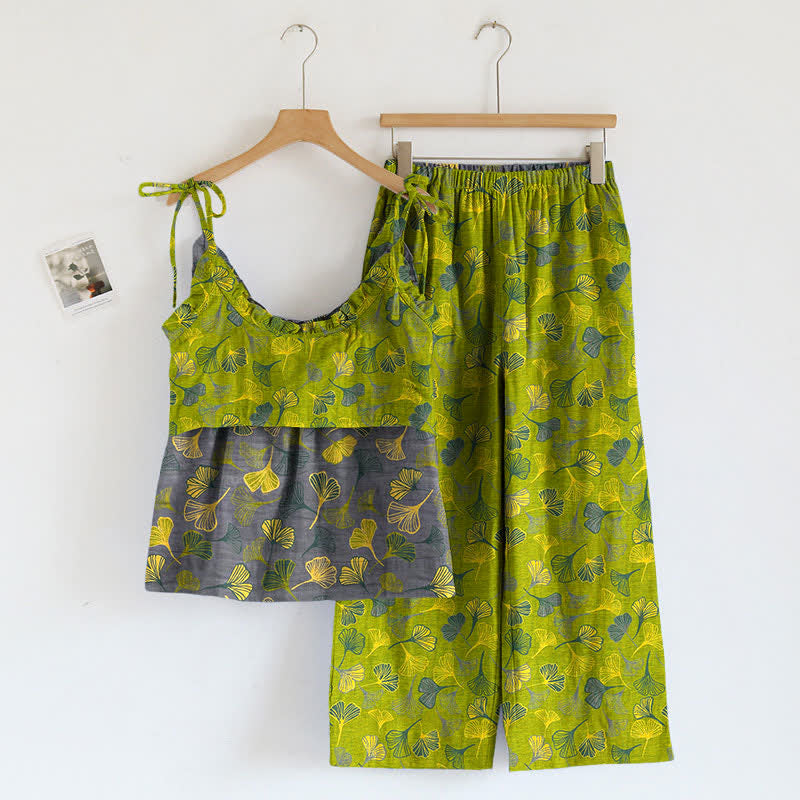 Ownkoti Retro Botanical Ginkgo Leaf Cotton Cami Loungewear Set - image 1