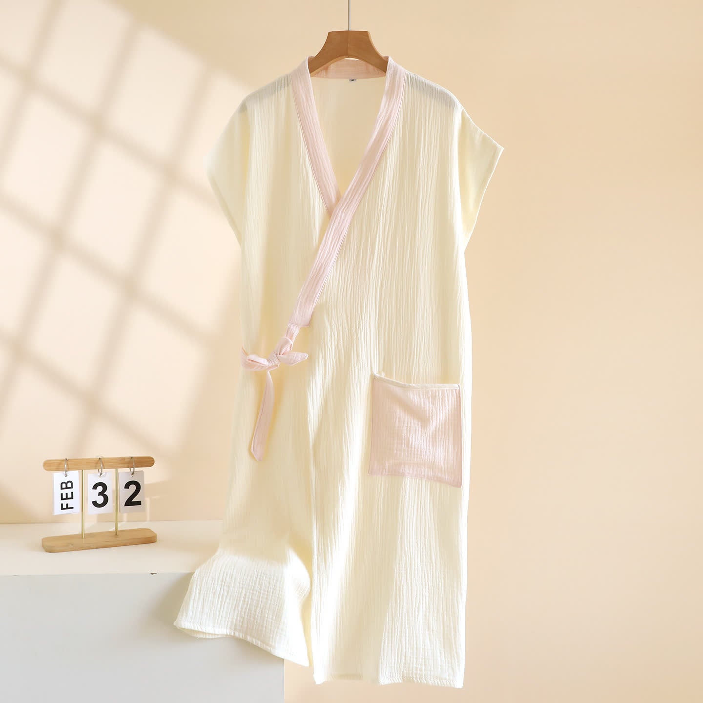 Ownkoti Minimalist Cotton Kimono Wrap Homewear Robe - Beige - Women XL - image 12