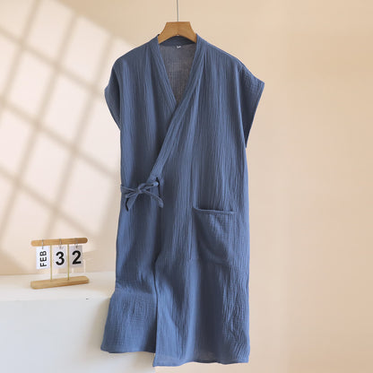 Ownkoti Minimalist Cotton Kimono Wrap Homewear Robe - Navy Blue - Men XL - image 15