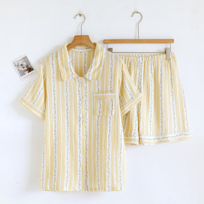 Ownkoti Floral Stripe Button Front Loungewear Set - Yellow - XL - image 0