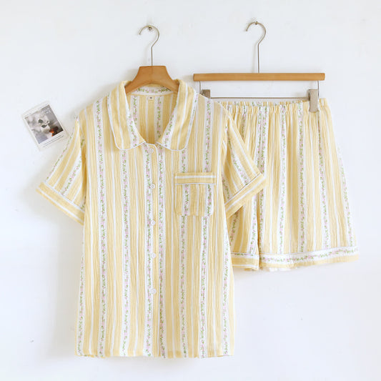 Ownkoti Floral Stripe Button Front Loungewear Set - Yellow - XL - image 0