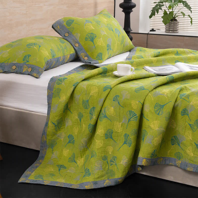 Ownkoti Vintage Green Ginkgo Leaf Cotton Bedspread Set - image 4