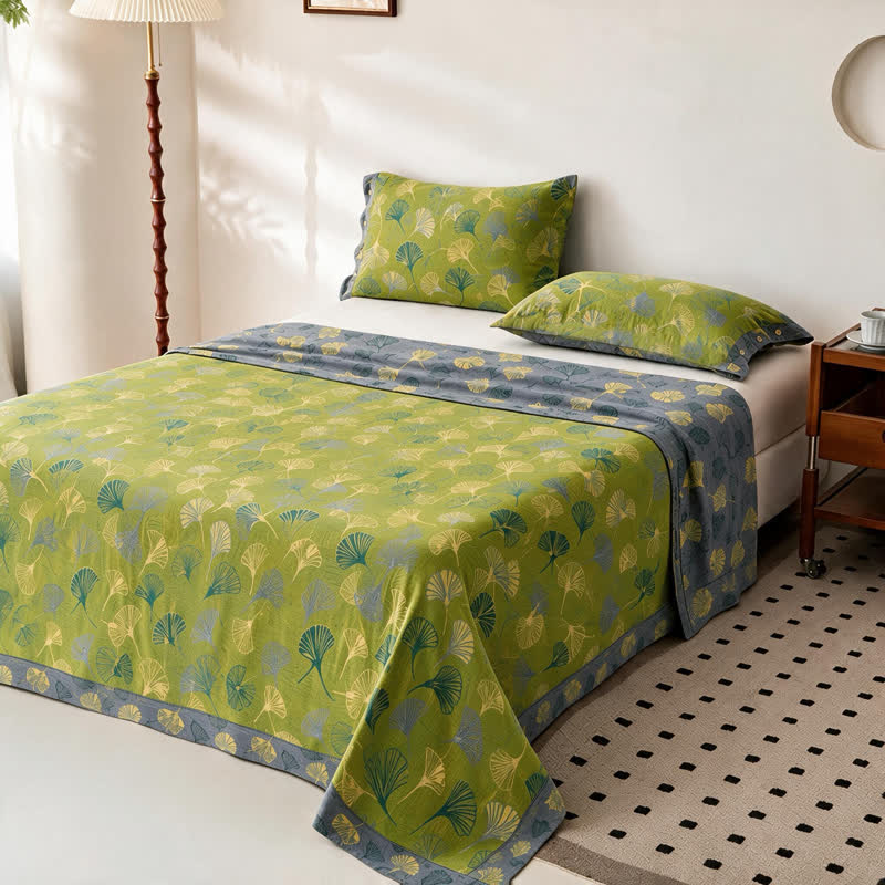 Ownkoti Vintage Green Ginkgo Leaf Cotton Bedspread Set - Green - Bedspread with 2PCS Pillowcases - King - image 2