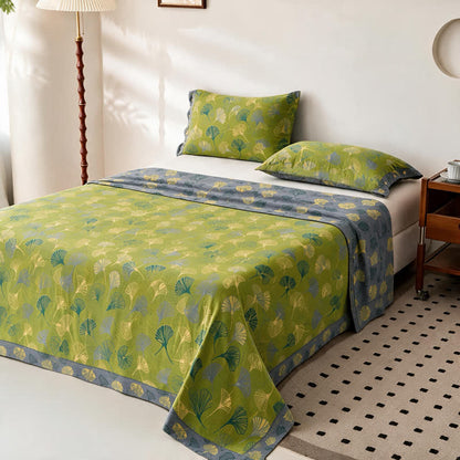Ownkoti Vintage Green Ginkgo Leaf Cotton Bedspread Set - Green - Bedspread with 2PCS Pillowcases - King - image 2