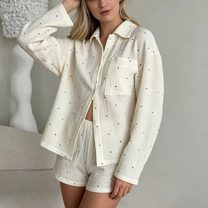 Ownkoti Collared Dot Print Cotton Pajama Set - Beige - L - image 0