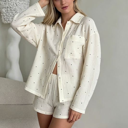 Ownkoti Collared Dot Print Cotton Pajama Set - Beige - L - image 0