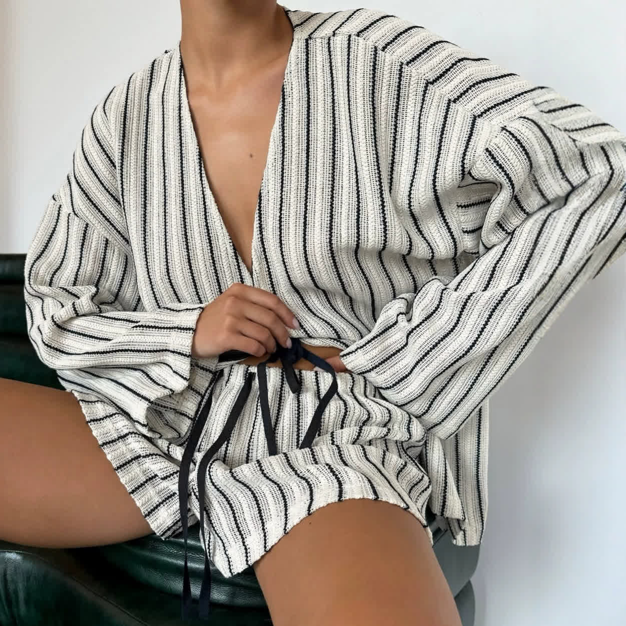 Ownkoti Effortless Stripe Cotton Wrap Resort Loungewear Set - Black - L - image 0