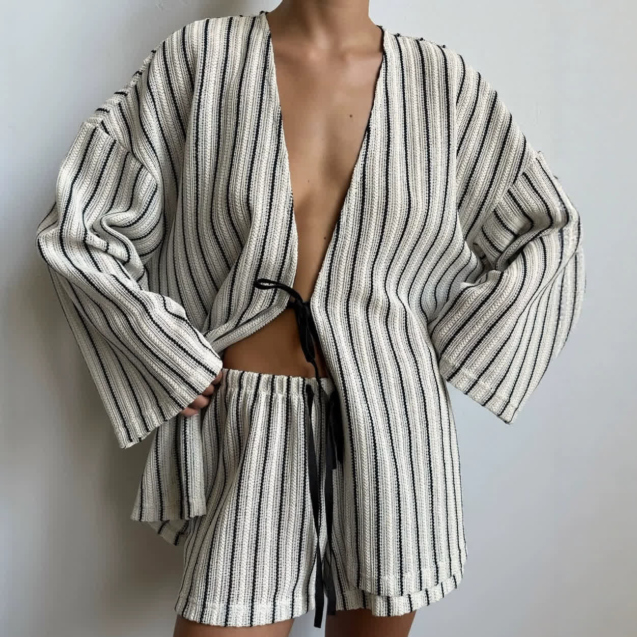 Ownkoti Effortless Stripe Cotton Wrap Resort Loungewear Set - image 1