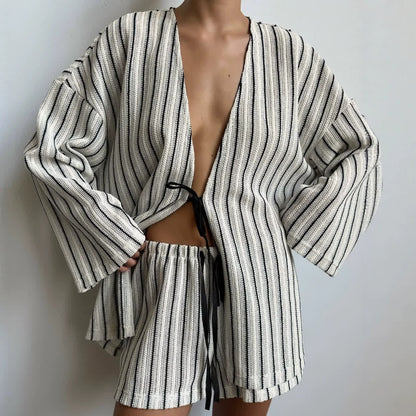 Ownkoti Effortless Stripe Cotton Wrap Resort Loungewear Set - image 1