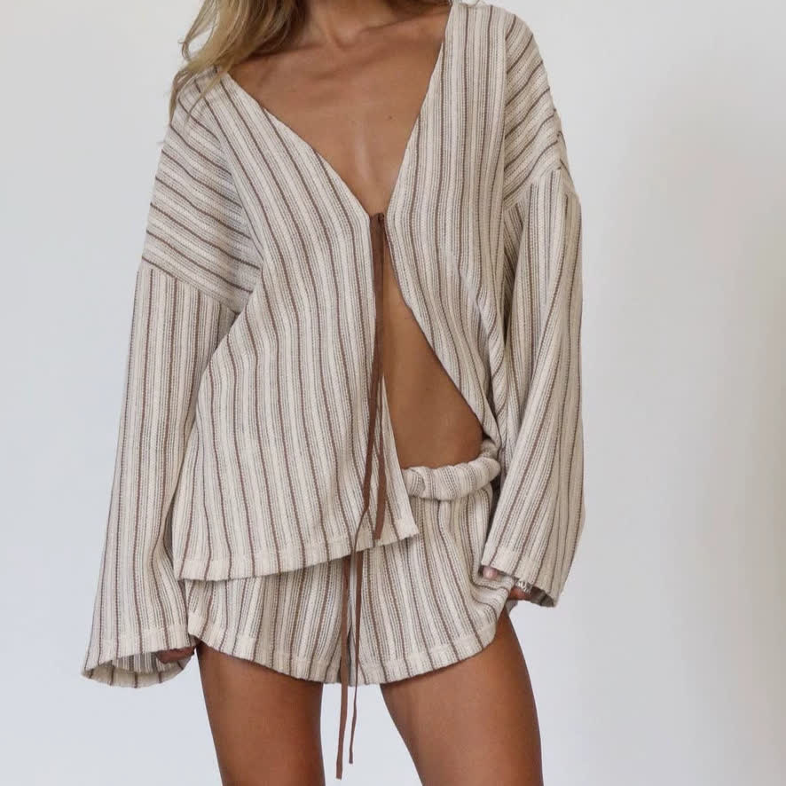 Ownkoti Effortless Stripe Cotton Wrap Resort Loungewear Set - Brown - L - image 2