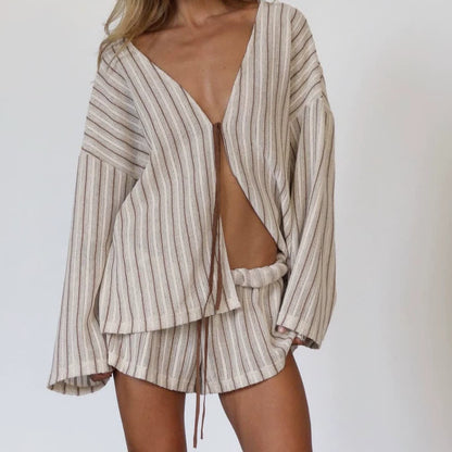 Ownkoti Effortless Stripe Cotton Wrap Resort Loungewear Set - Brown - L - image 2