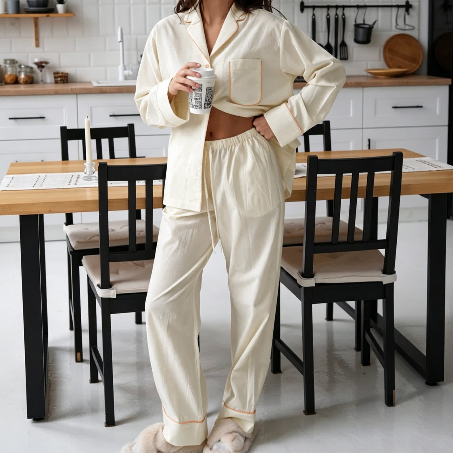Ownkoti Minimal Cotton Pocketed Long Sleeve Pajama Set - Beige - L - image 0