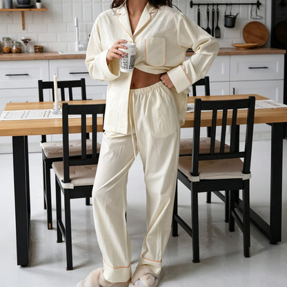 Ownkoti Minimal Cotton Pocketed Long Sleeve Pajama Set - Beige - L - image 0