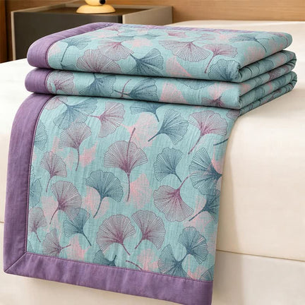 Ownkoti Retro Botanical Ginkgo Leaf Cotton Blanket - Blue - 90" x 92" - image 0