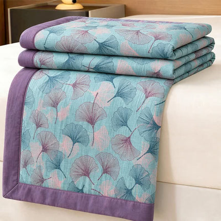 Ownkoti Retro Botanical Ginkgo Leaf Cotton Blanket - Blue - 90" x 92" - image 0