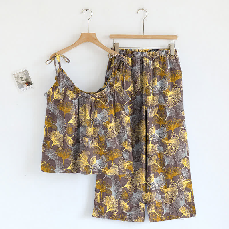 Ownkoti Retro Ginkgo‑Leaf Cotton Cami Lounge Set - Light Brown - XL - image 4