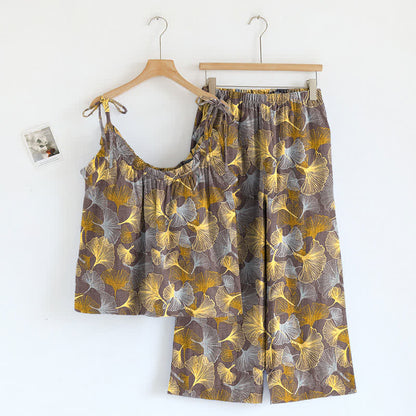 Ownkoti Retro Ginkgo‑Leaf Cotton Cami Lounge Set - Light Brown - XL - image 4