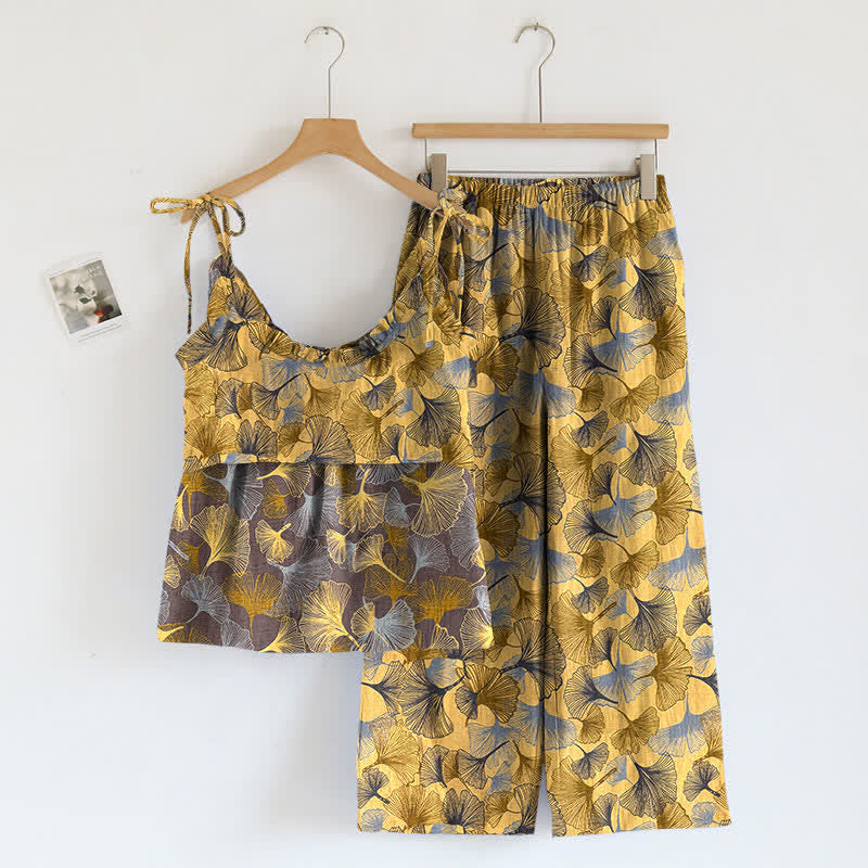 Ownkoti Retro Ginkgo‑Leaf Cotton Cami Lounge Set - image 1