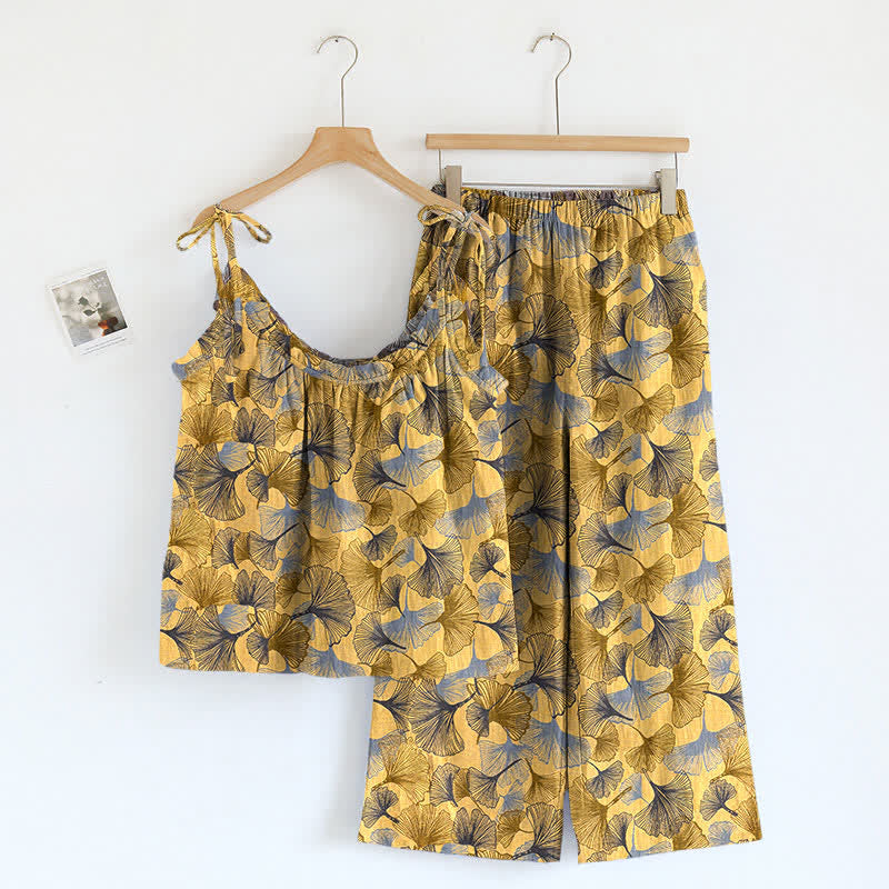Ownkoti Retro Ginkgo‑Leaf Cotton Cami Lounge Set - Yellow - XL - image 0