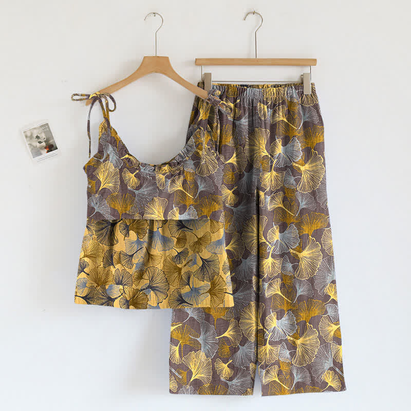 Ownkoti Retro Ginkgo‑Leaf Cotton Cami Lounge Set - image 5