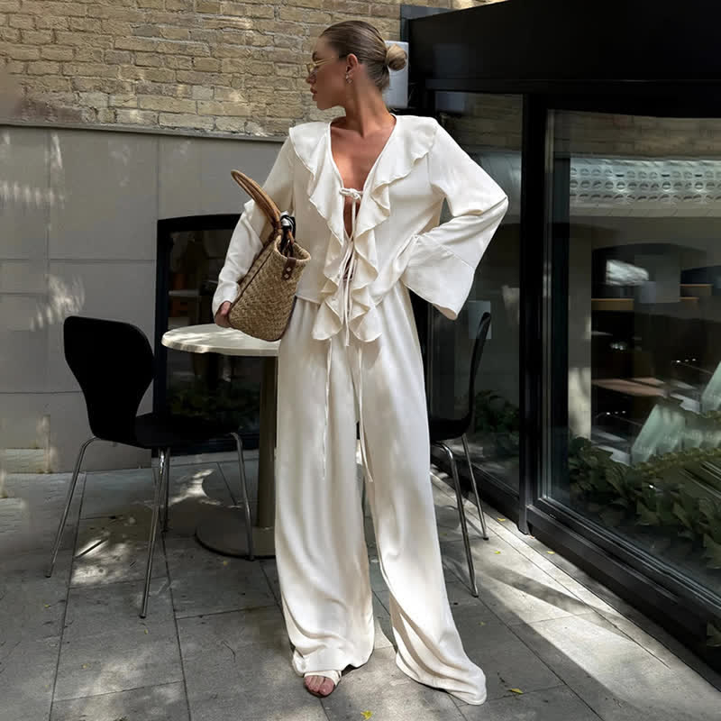 Ownkoti Romantic Ruffle Tie‑Front Loungewear Set - Beige - L - image 0