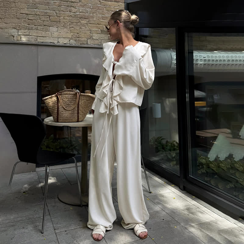 Ownkoti Romantic Ruffle Tie‑Front Loungewear Set - image 1