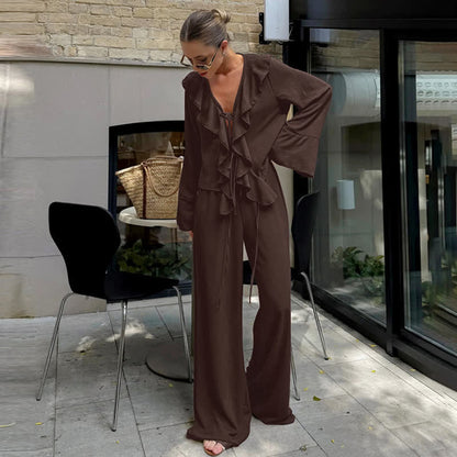 Ownkoti Romantic Ruffle Tie‑Front Loungewear Set - Brown - L - image 6