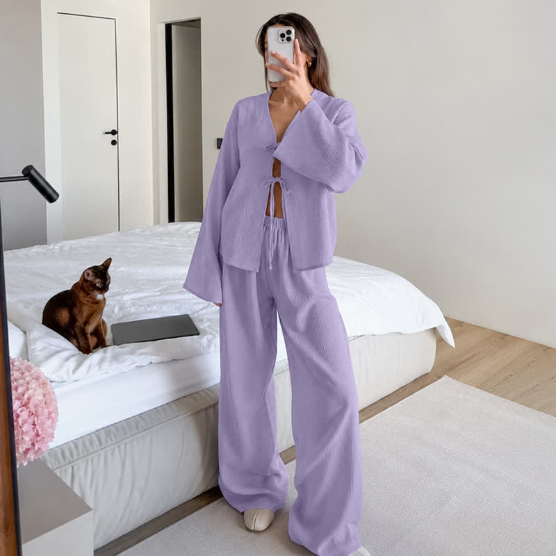 Ownkoti Soft Crinkle Textured Cotton Loungewear Set - Purple - L - image 3