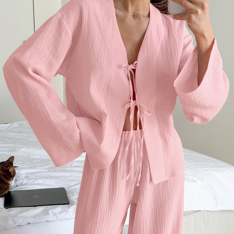 Ownkoti Soft Crinkle Textured Cotton Loungewear Set - Pink - L - image 1