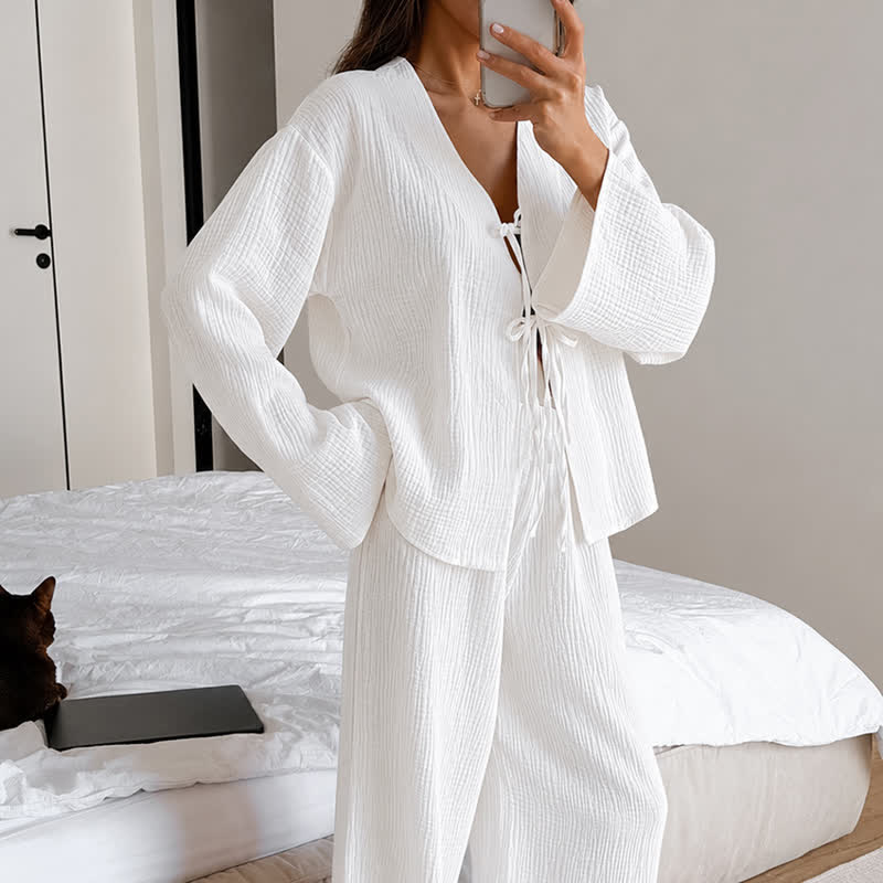 Ownkoti Soft Crinkle Textured Cotton Loungewear Set - White - L - image 4