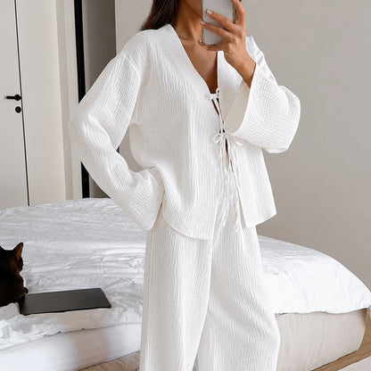 Ownkoti Soft Crinkle Textured Cotton Loungewear Set - White - L - image 4